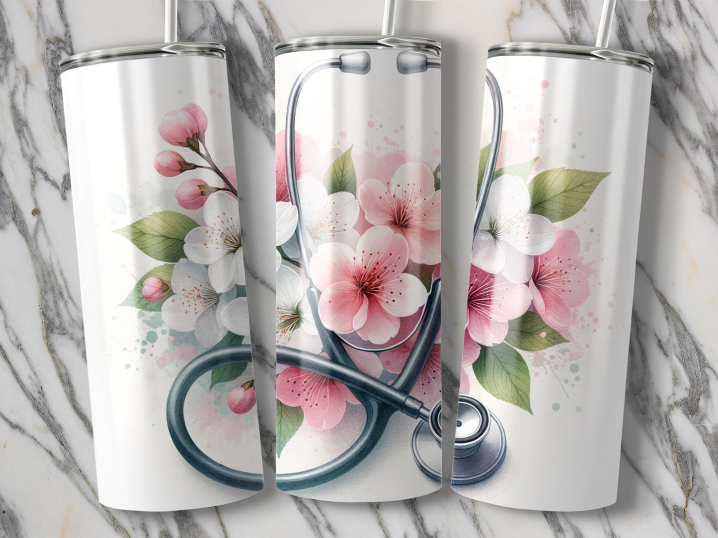 White tumblers with cherry blossoms and stethoscope design.