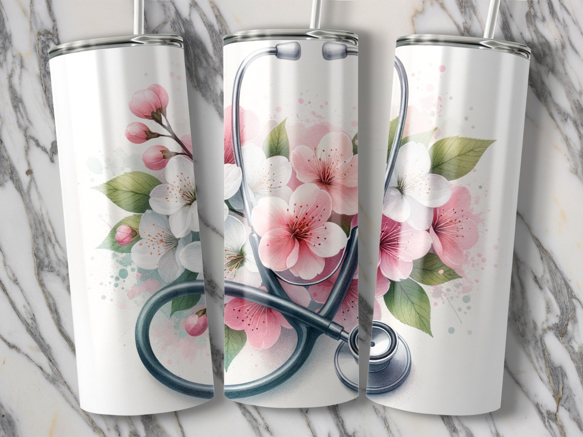 White tumblers with cherry blossoms and stethoscope design.