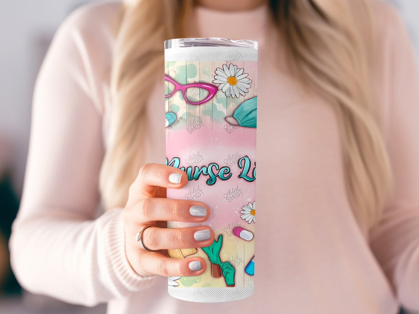 Tumbler with nurse-themed design featuring stethoscope, pills, and glasses.
