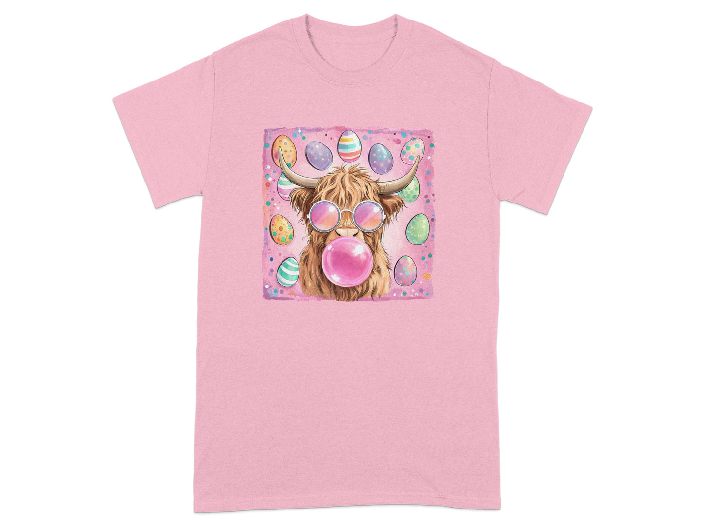 Cute Highland Cow with Easter Eggs Bubblegum T-shirt