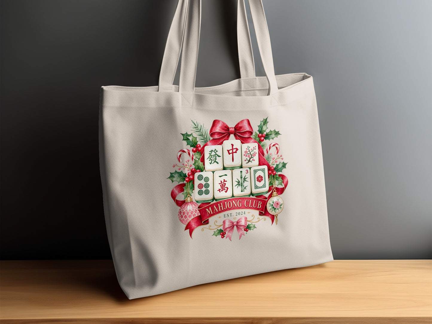 Tote bag with Mahjong tiles, holiday wreath, and "Mahjong Club Est. 2024" text.