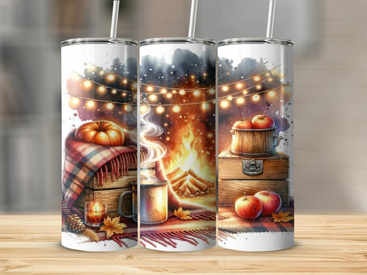 Three tumblers with fall campfire, pumpkin, apples, and string lights design.
