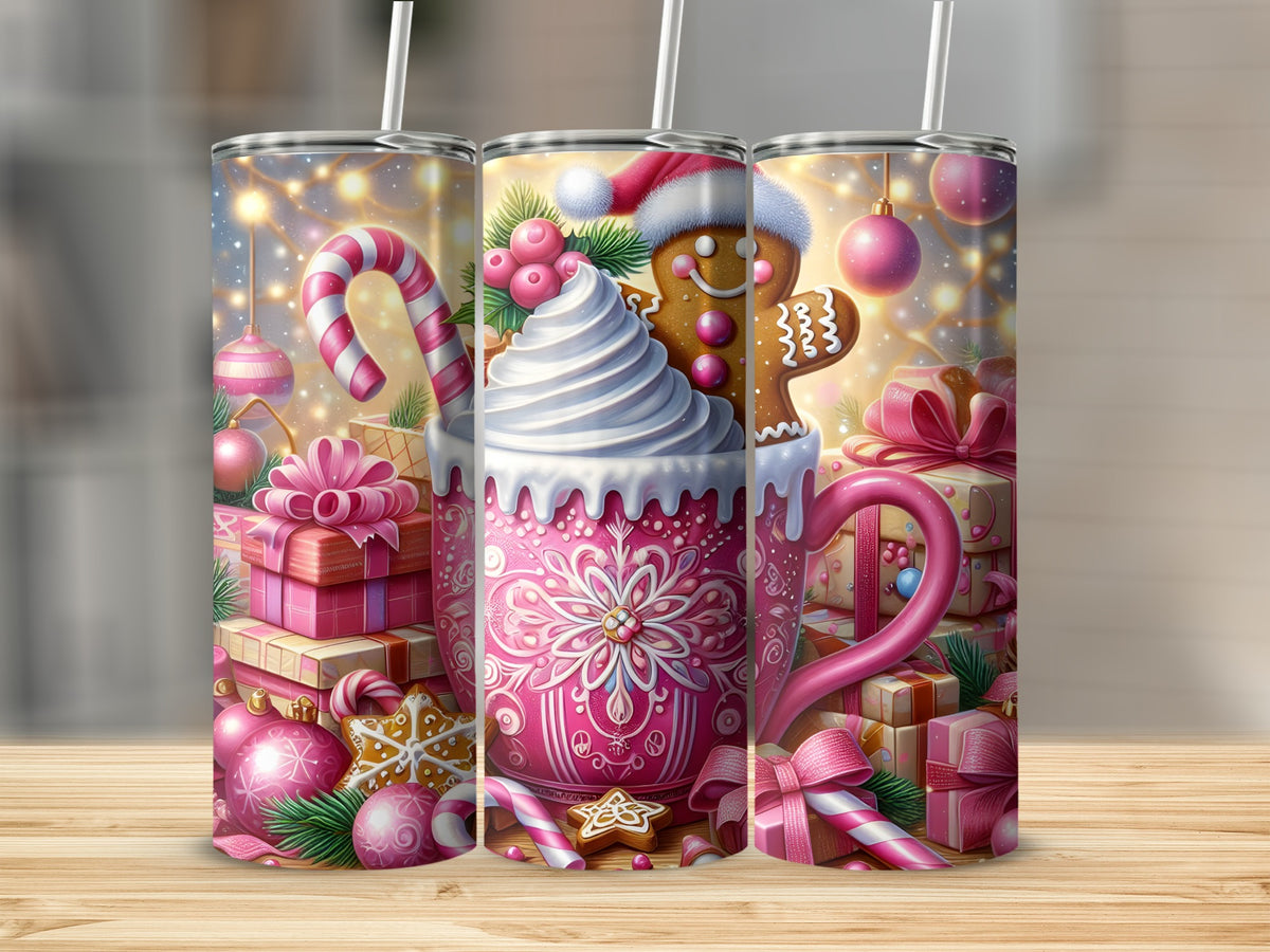 Three matching tall metal tumblers with straws feature a festive pink Christmas design with a gingerbread man and wrapped gifts.