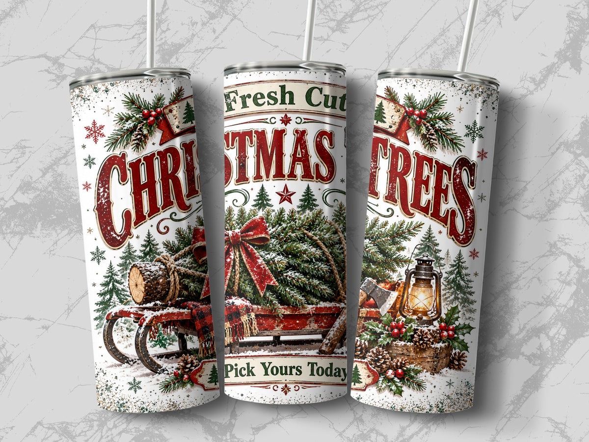 Three tall white tumblers display a vintage Christmas tree farm design with a red sled, pine branches, and text.