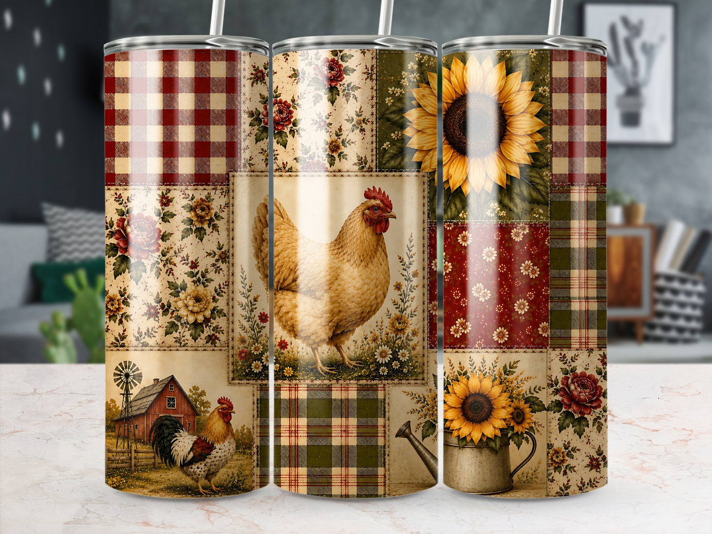 Triptych of tumblers with patchwork farm and floral designs, featuring roosters, chickens, sunflowers, and plaid.