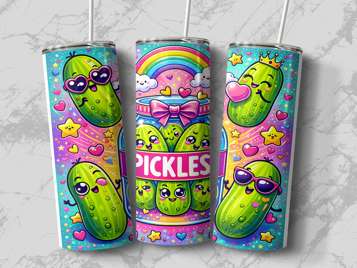 Cartoon pickles with sunglasses and hearts on a rainbow background.