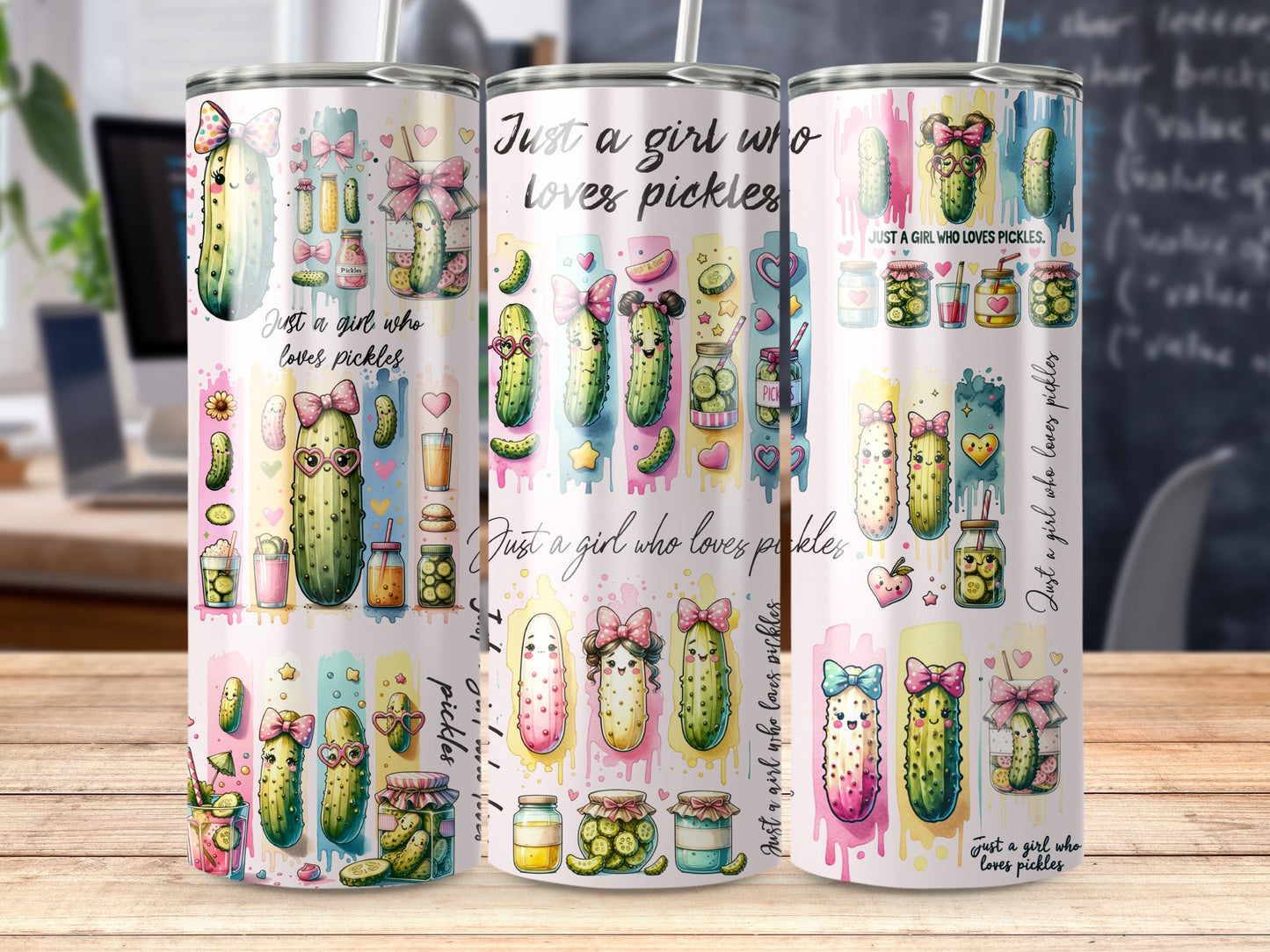 Tumbler with cartoon pickles and "Just a girl who loves pickles" text.