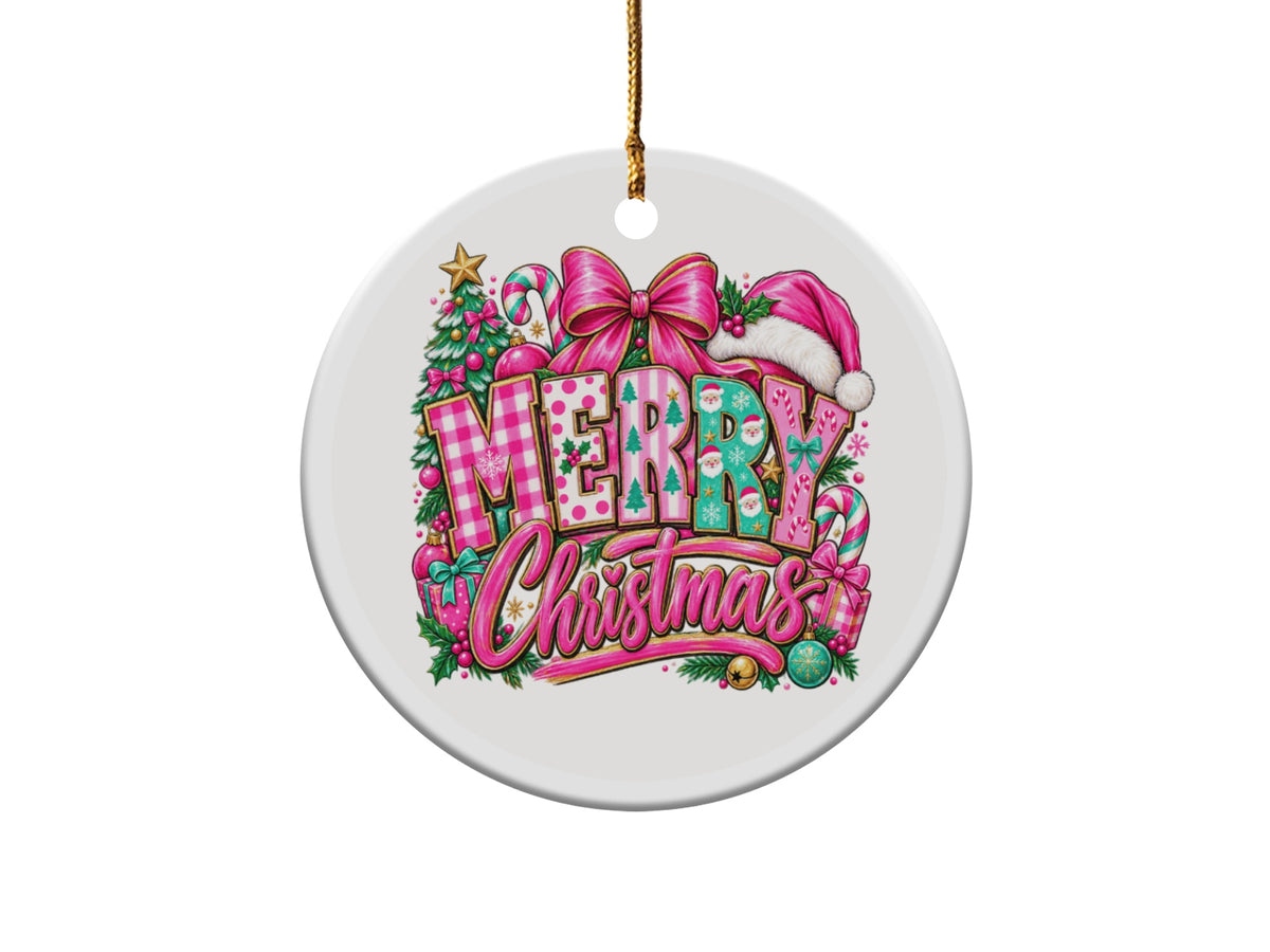 Round ornament with "Merry Christmas" text surrounded by festive decorations.
