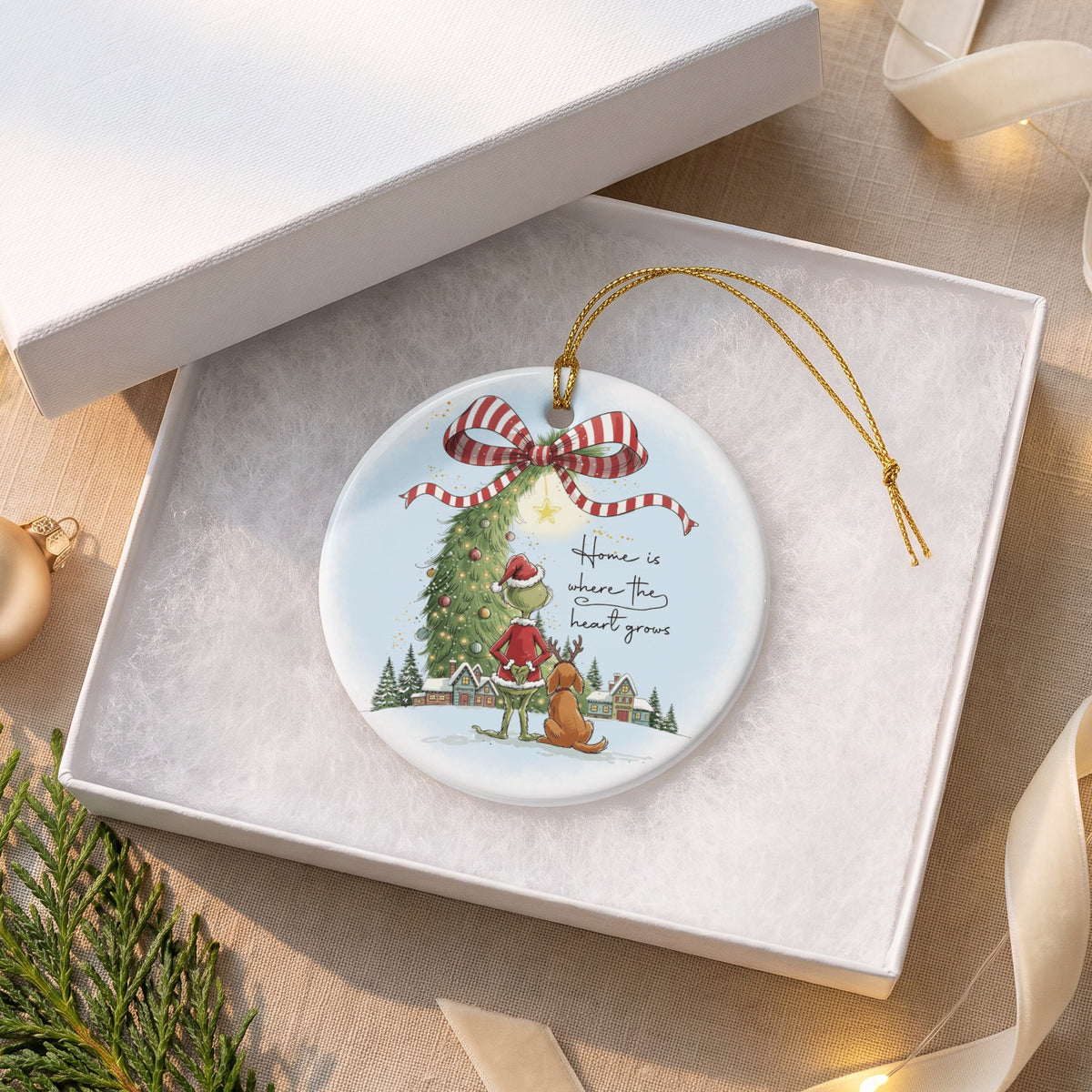 Ornament with Grinch, dog, and Christmas village scene reading "Home is where the heart grows".