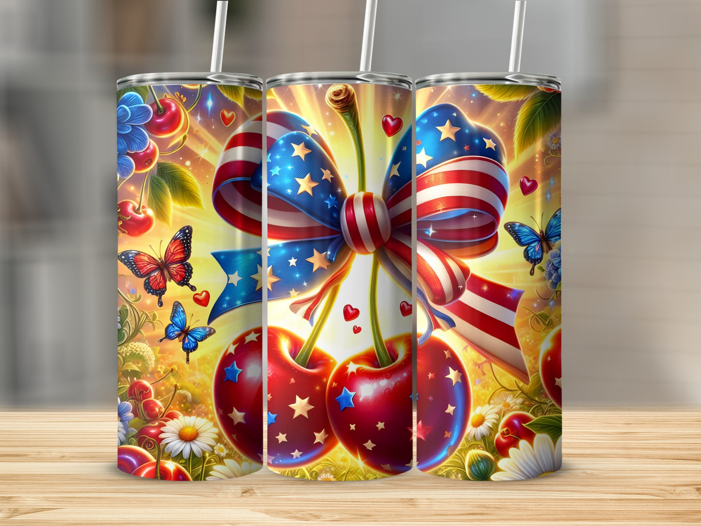 Cherries with US flag bow, butterflies, stars, and flowers.