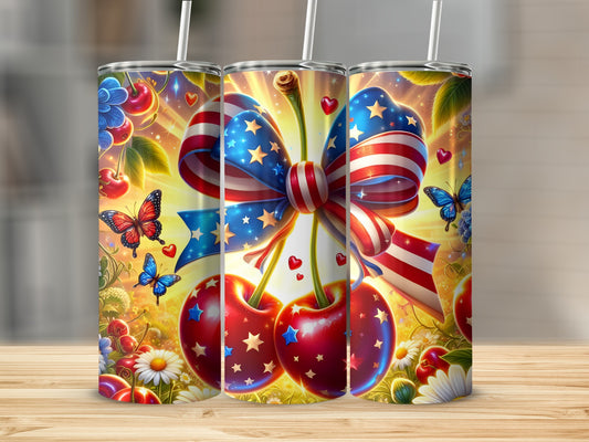 Cherries with US flag bow, butterflies, stars, and flowers.