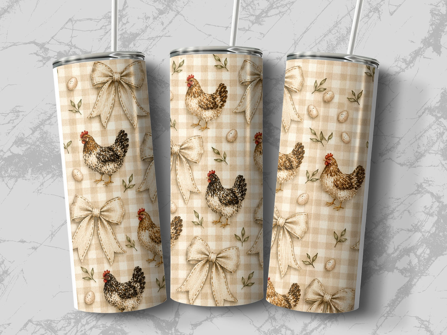 Three tumblers with a beige gingham pattern, chickens, bows, and eggs.