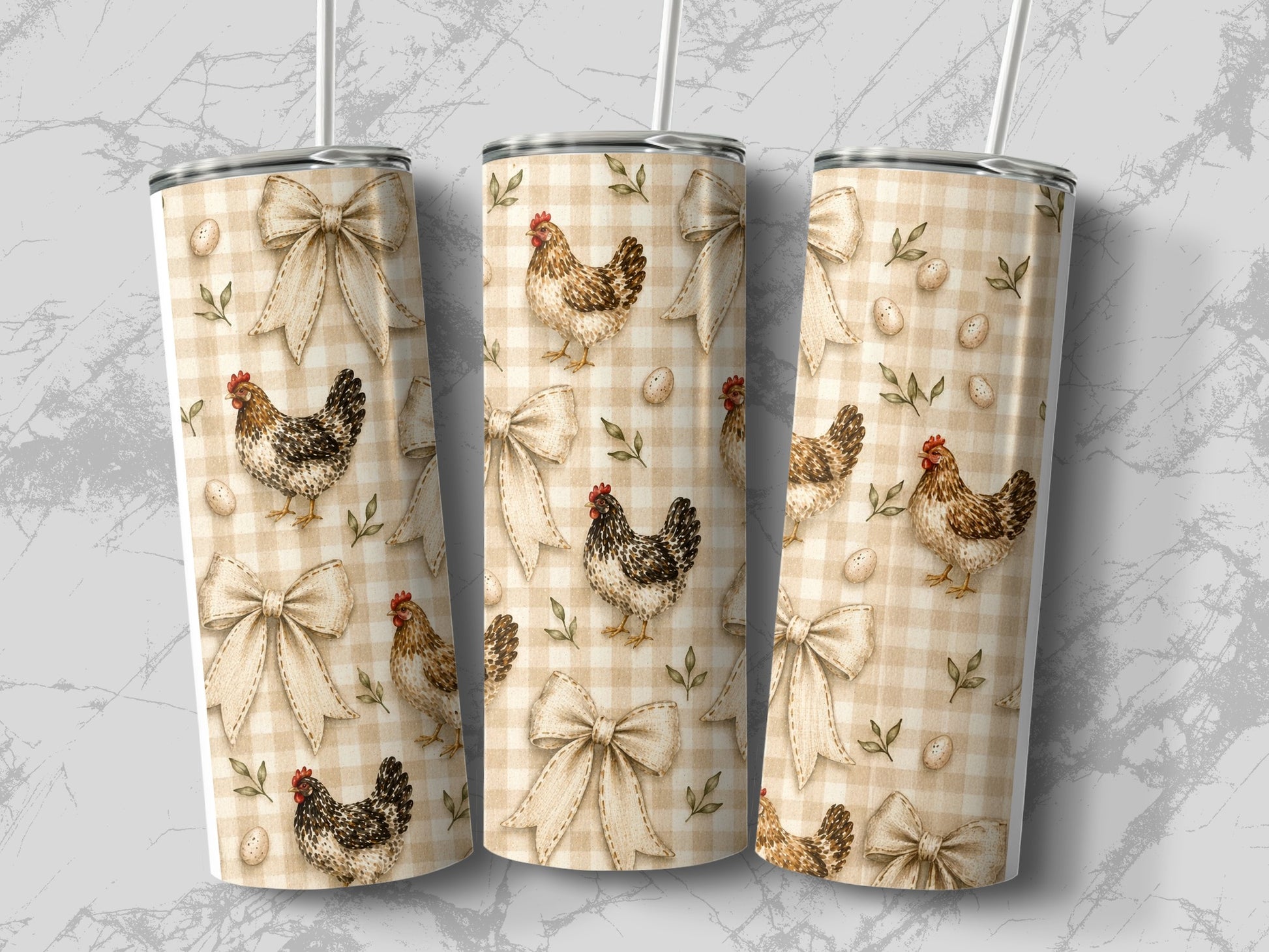 Three tumblers with a beige gingham pattern, chickens, bows, and eggs.
