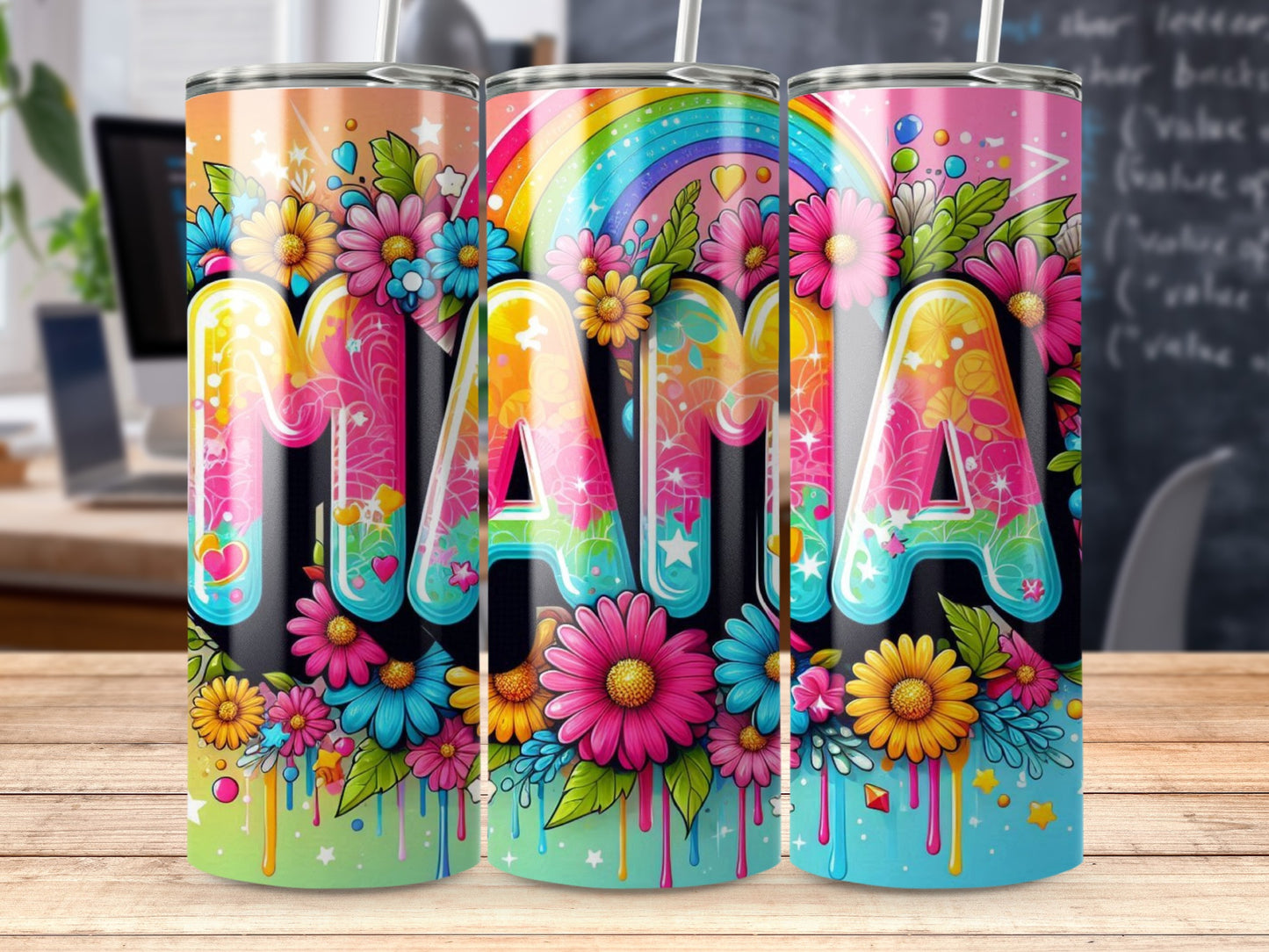 Colorful "MAMA" text with floral and rainbow accents on three tumblers.