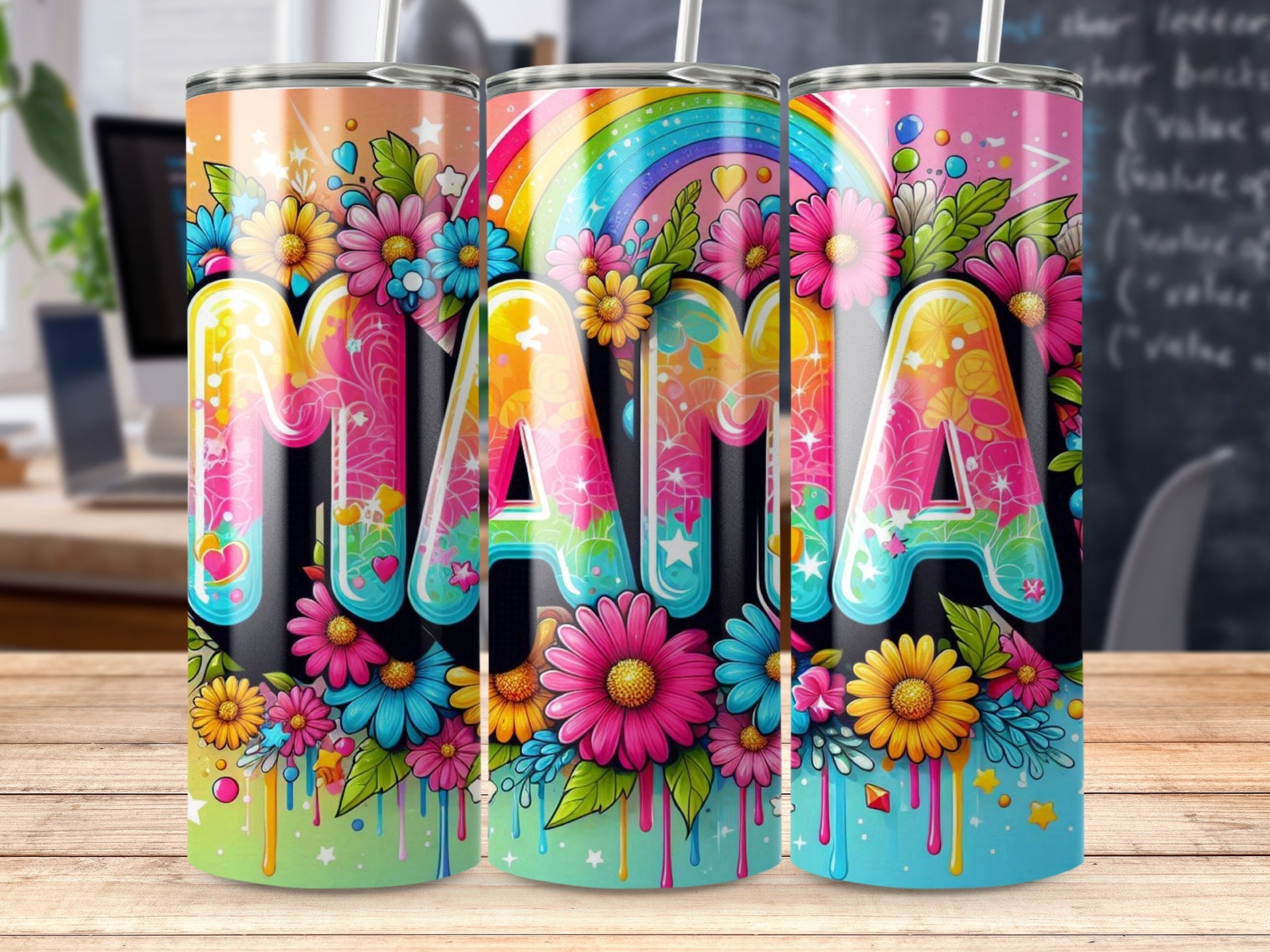 Colorful "MAMA" text with floral and rainbow accents on three tumblers.