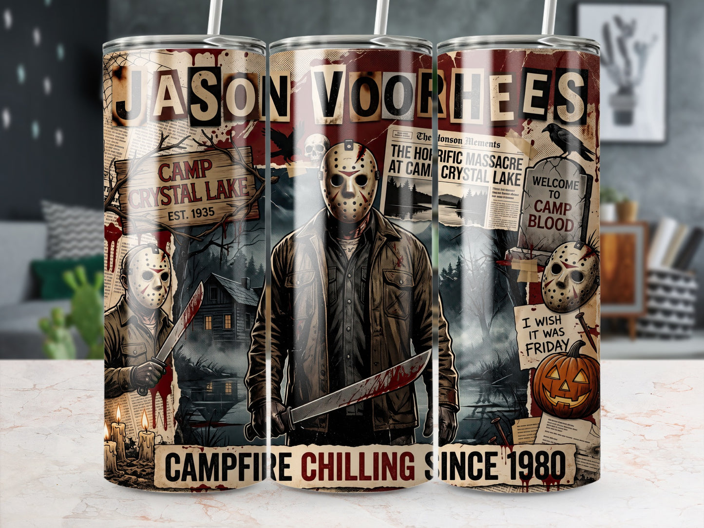 Jason Voorhees art with Camp Crystal Lake, pumpkin, and bloody machete.