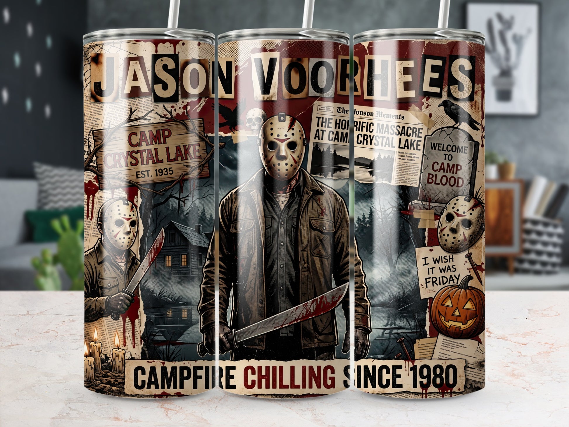 Jason Voorhees art with Camp Crystal Lake, pumpkin, and bloody machete.