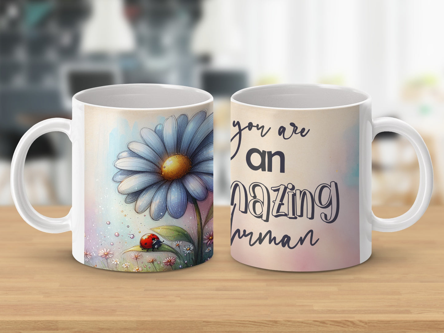 Watercolor Daisy Ladybug Amazing Woman Quote Mug product type
Mug
Coffee Cup
Tea Cup
Gift Idea
Women Gift
Daisy Flower
Blue Daisy
Ladybug Design
Watercolor Art
Floral Mug
Inspirational Quote
Amazing Woman
Positive Message
Unique Gift
Birthday Gift
Mother's Day
Everyday Mug
Drinkware
Nature Inspired
Spring Design