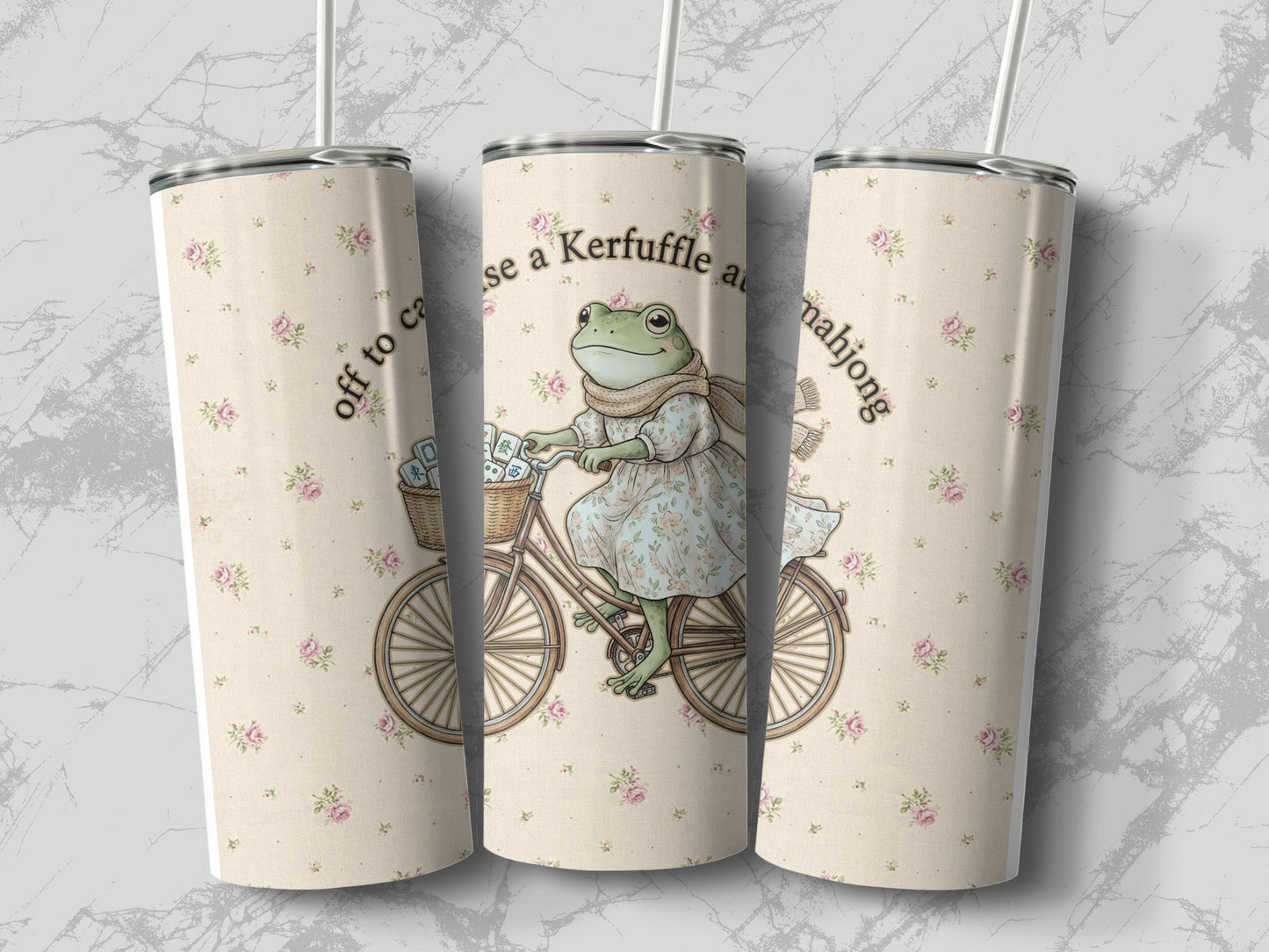 Tumbling tabby frog riding bicycle with mahjong tiles and floral pattern.