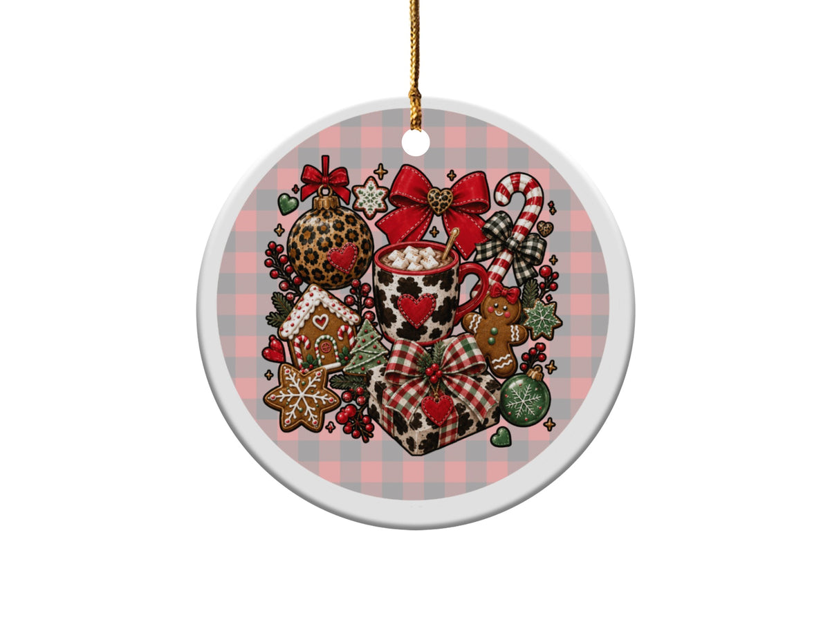 Christmas ornament with gingerbread, candy cane, hot cocoa, and holiday decorations on plaid.
