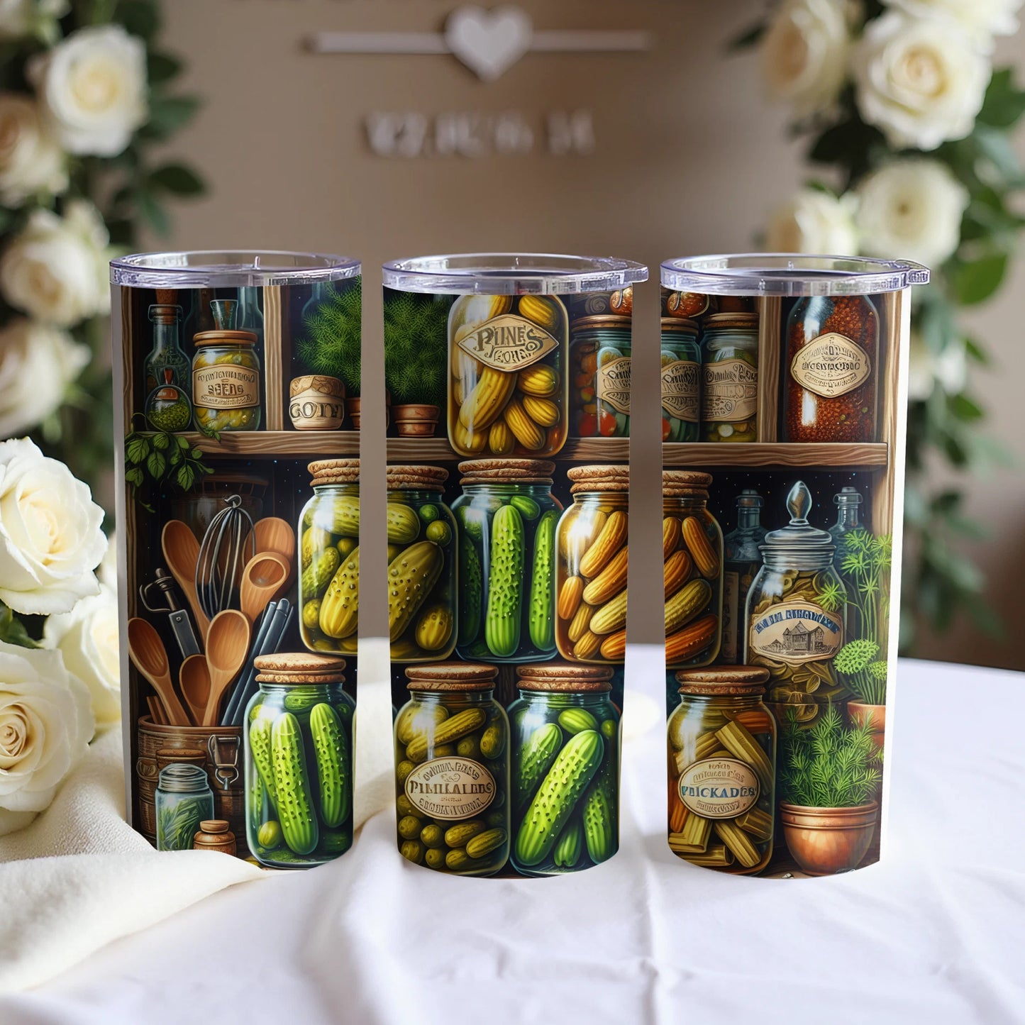 Three tumblers with pickled items and kitchen utensils on wooden shelves.