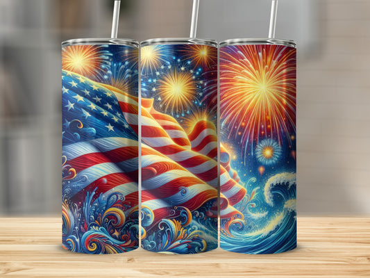 American flag and fireworks design on three tumblers.