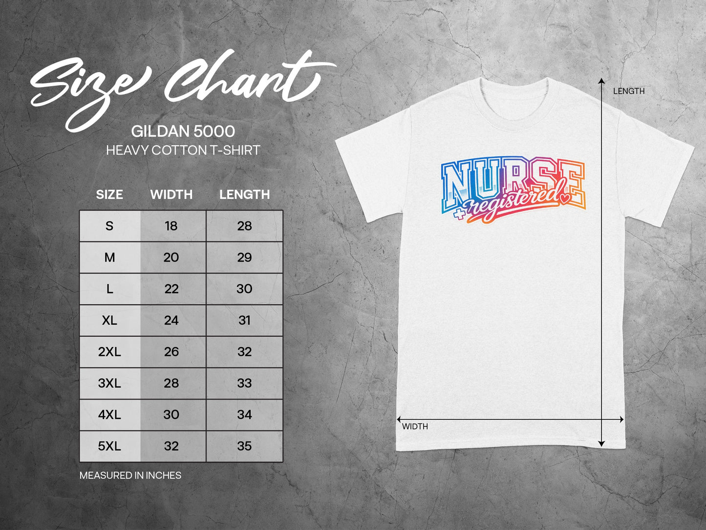 Gildan 5000 heavy cotton t-shirt size chart with width and length measurements.