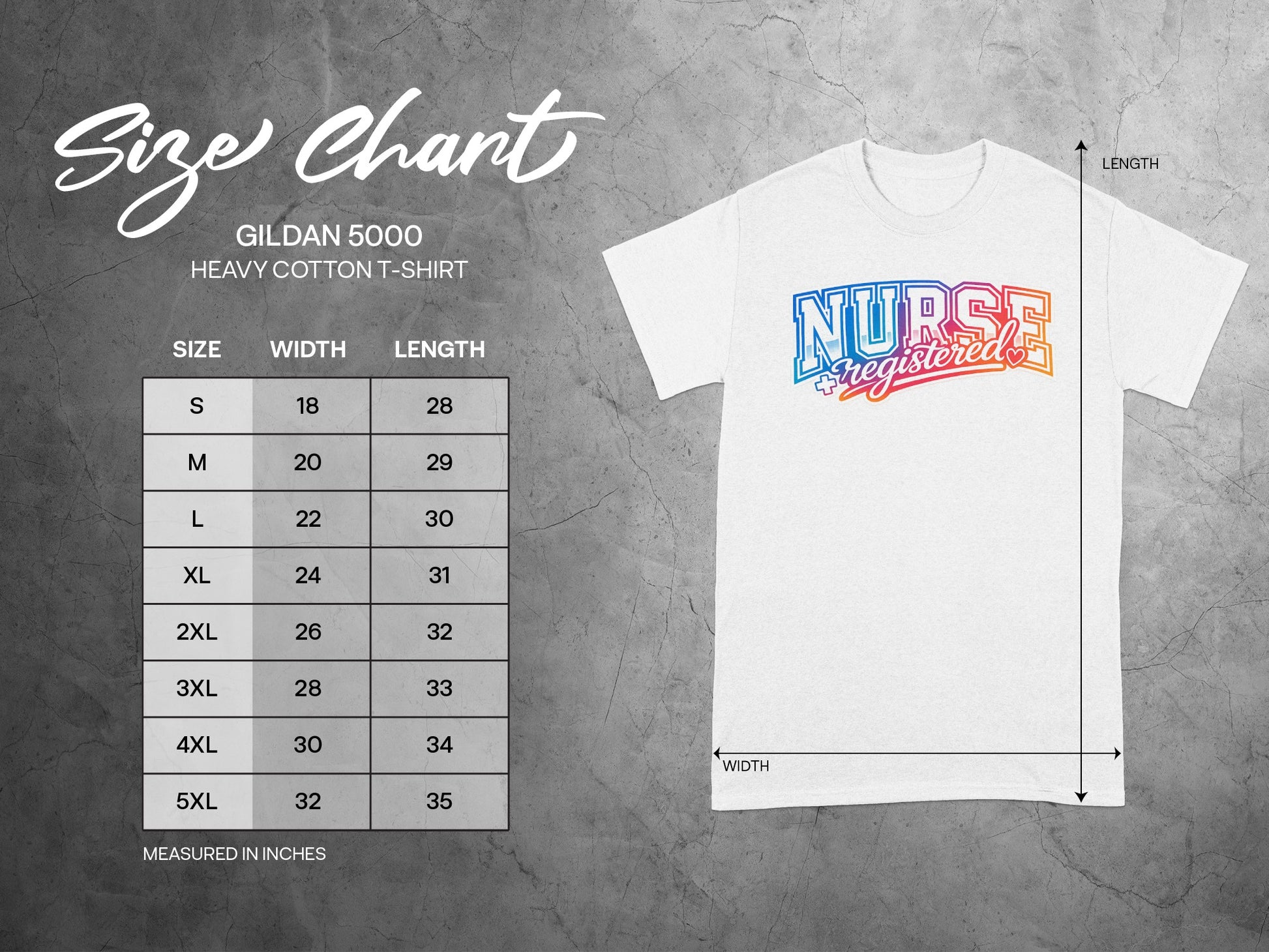 Gildan 5000 heavy cotton t-shirt size chart with width and length measurements.