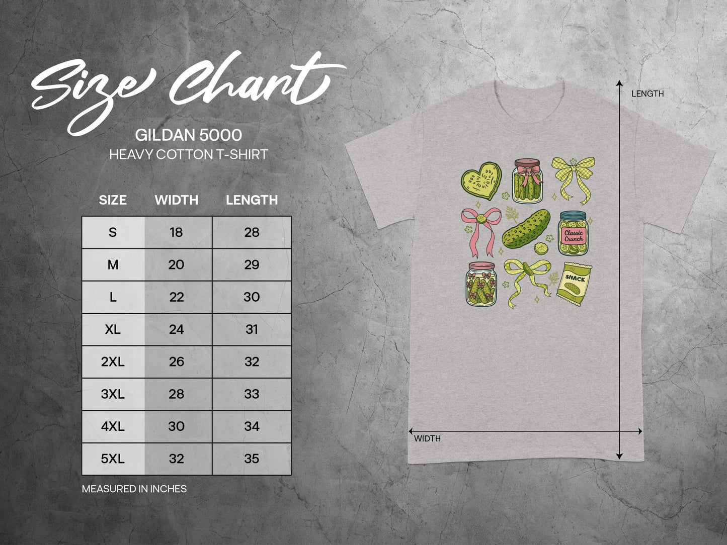 Gildan 5000 heavy cotton t-shirt size chart with embroidered pickles and bows.