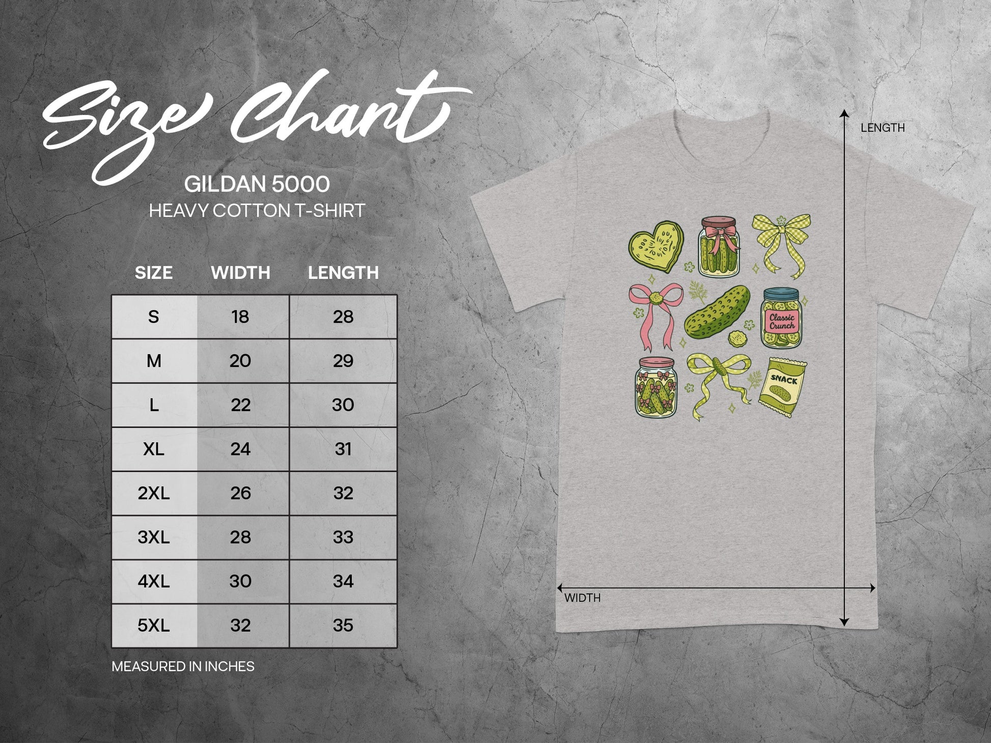 Gildan 5000 heavy cotton t-shirt size chart with embroidered pickles and bows.