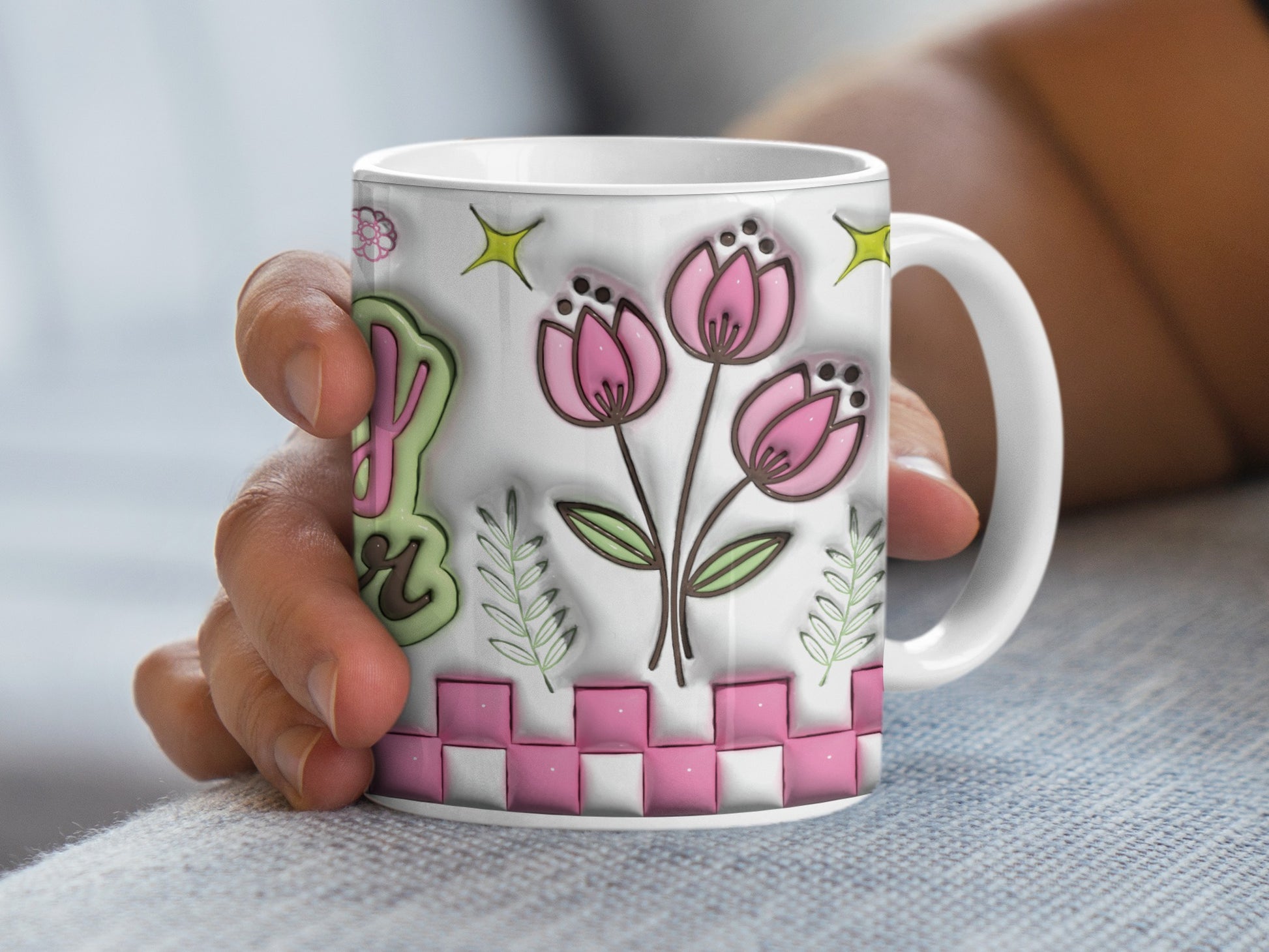 Vibrant Pink Tulips Green Leaves Checkerboard Stars product type