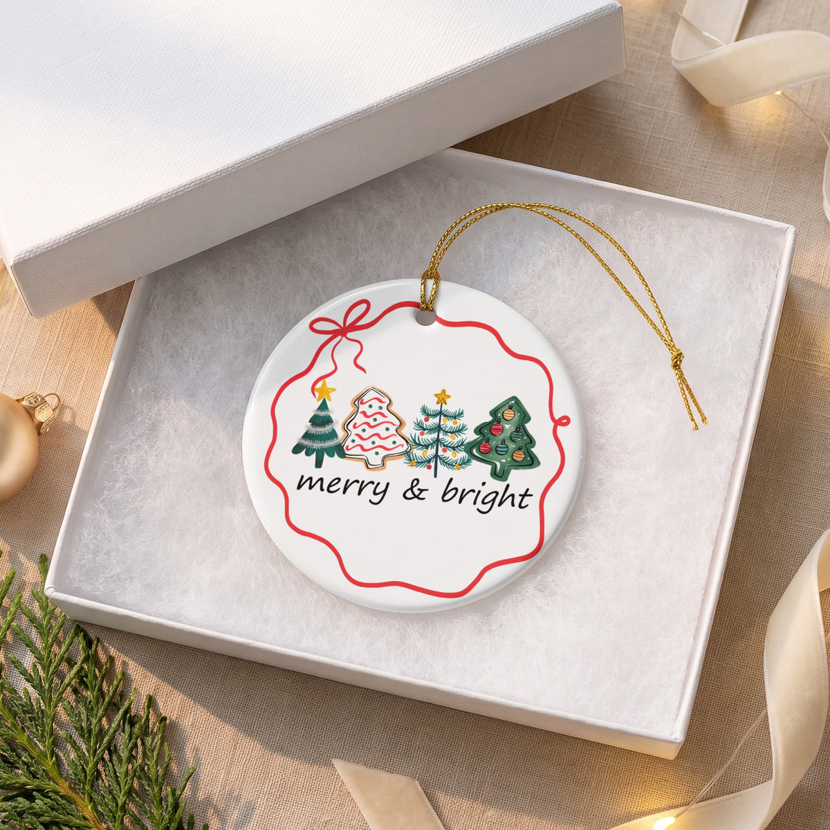 Round ornament with cartoon Christmas trees and "merry & bright" text.