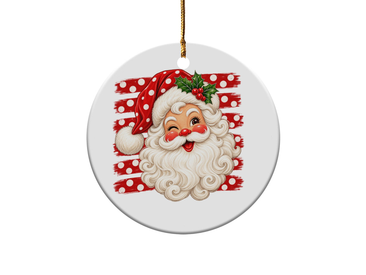 Round ornament with a winking Santa Claus face and polka dot background.