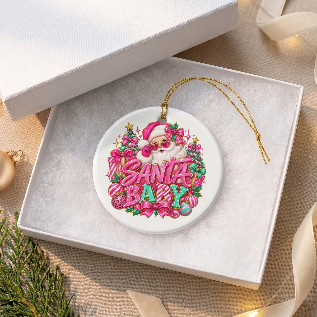 Round ceramic ornament with Santa and "Santa Baby" text in a gift box.