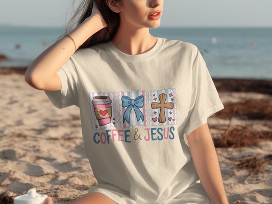 T-shirt with coffee cup, bow, and cross graphics, text "COFFEE & JESUS".