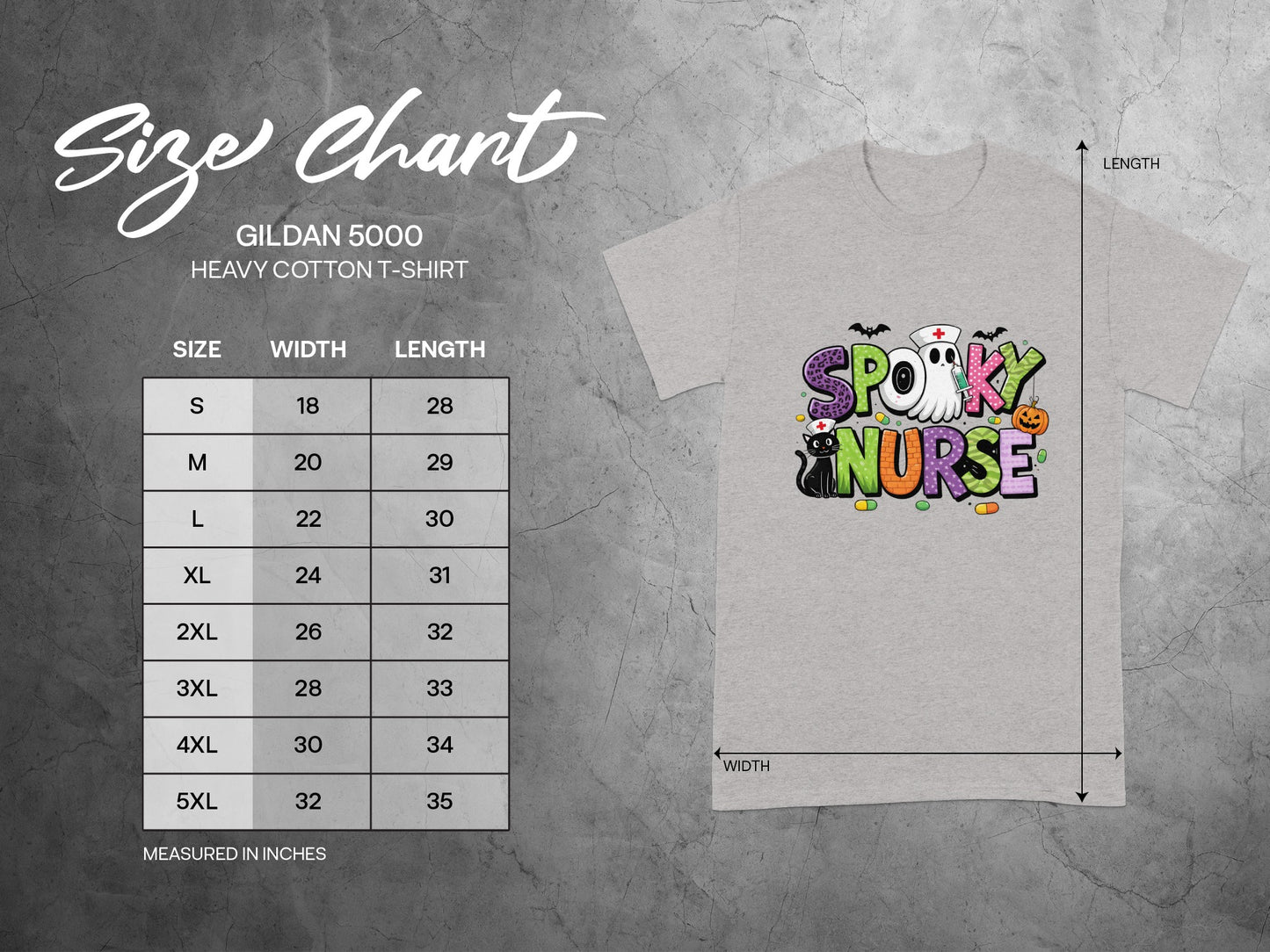 Gildan 5000 size chart for "Spooky Nurse" t-shirt with measurements.