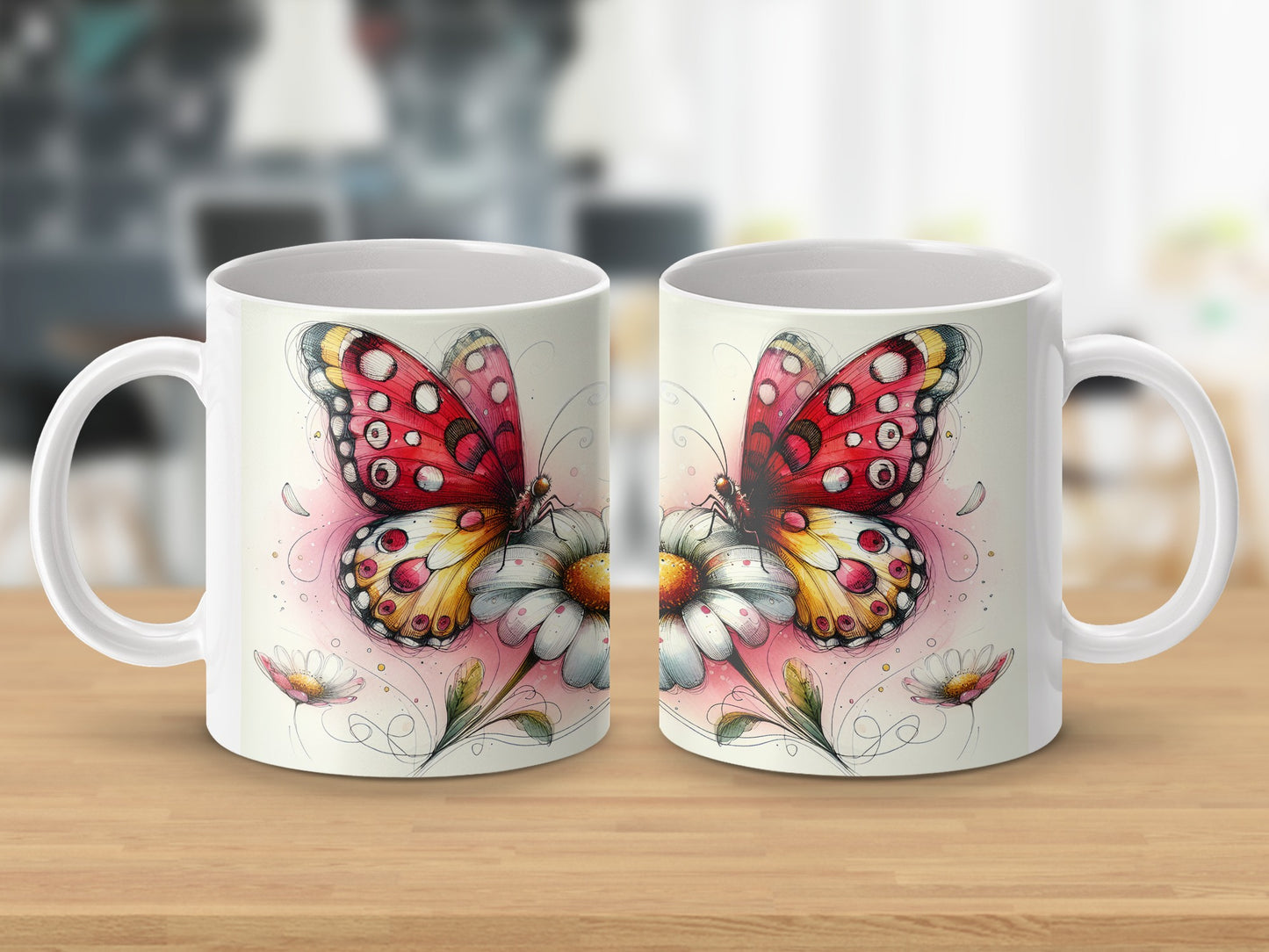Vibrant Red Yellow Butterfly Flower Graphic White mug