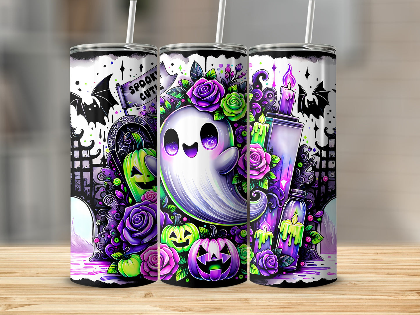 Three Halloween-themed tumblers with a ghost, pumpkins, roses, bats, and spooky sign.