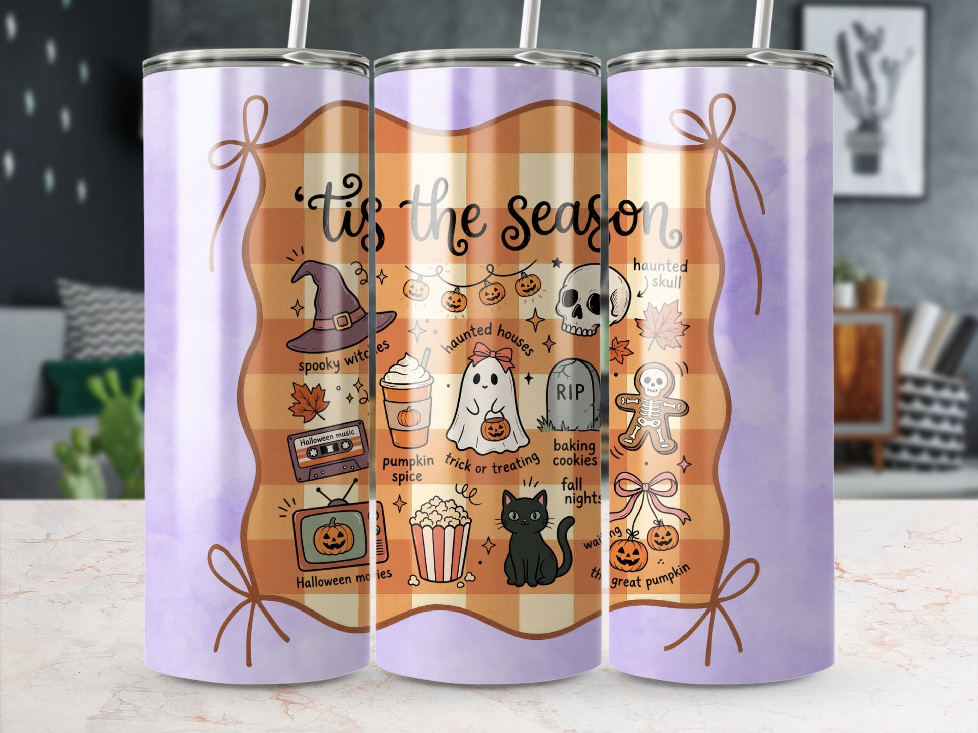 "Tis the Season" Halloween tumbler with spooky witches, ghosts, and pumpkins.
