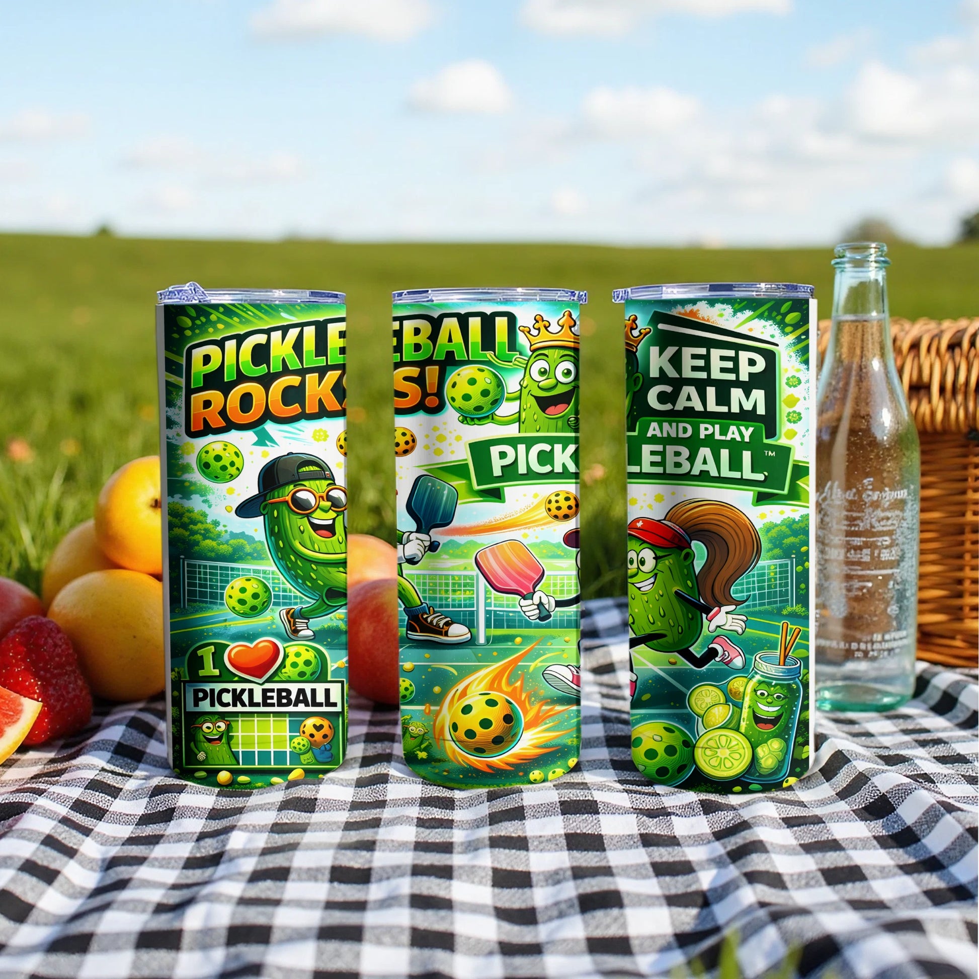 Three pickleball-themed tumblers on a checkered blanket with fruit and a bottle of water.