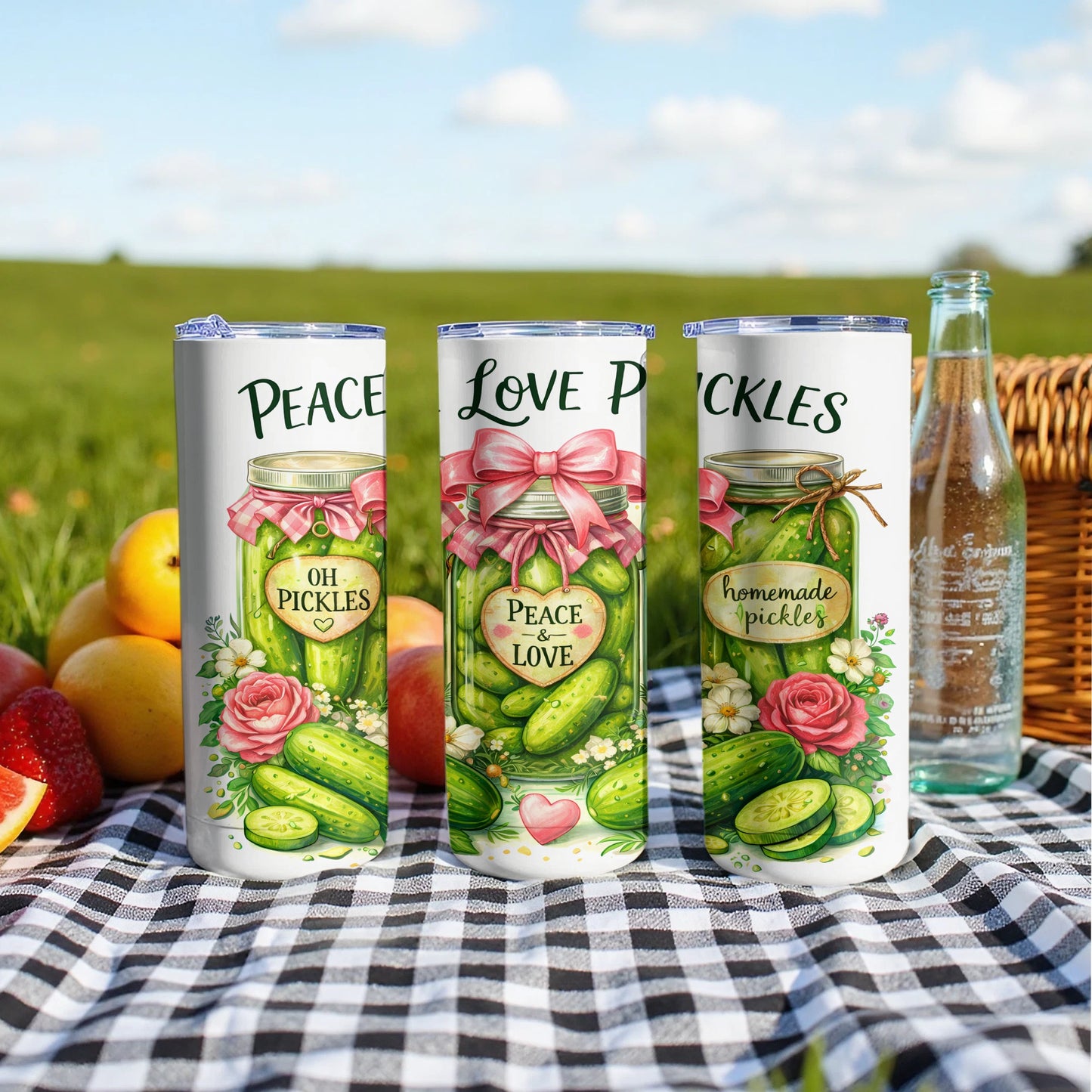 Three tumblers with pickle designs and text "OH PICKLES PEACE LOVE" and "homemade pickles".