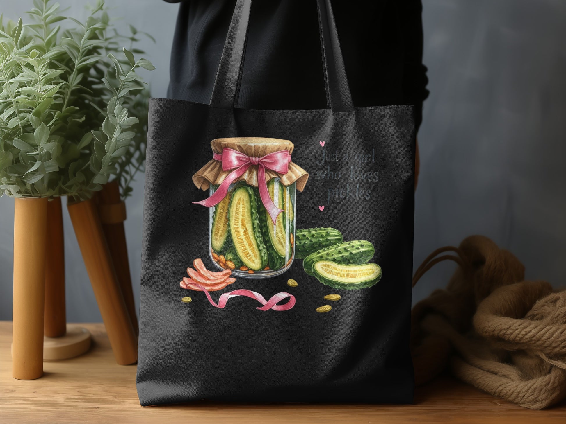 Jar of pickles with pink ribbon and text "Just a girl who loves pickles".
