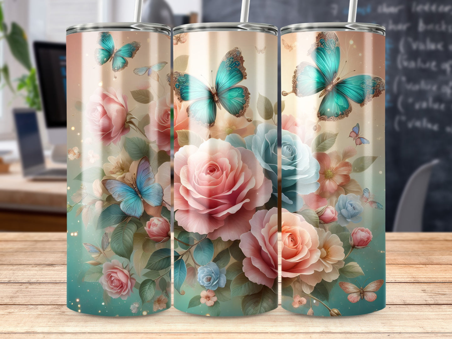 Three tumblers with a floral and butterfly design.
