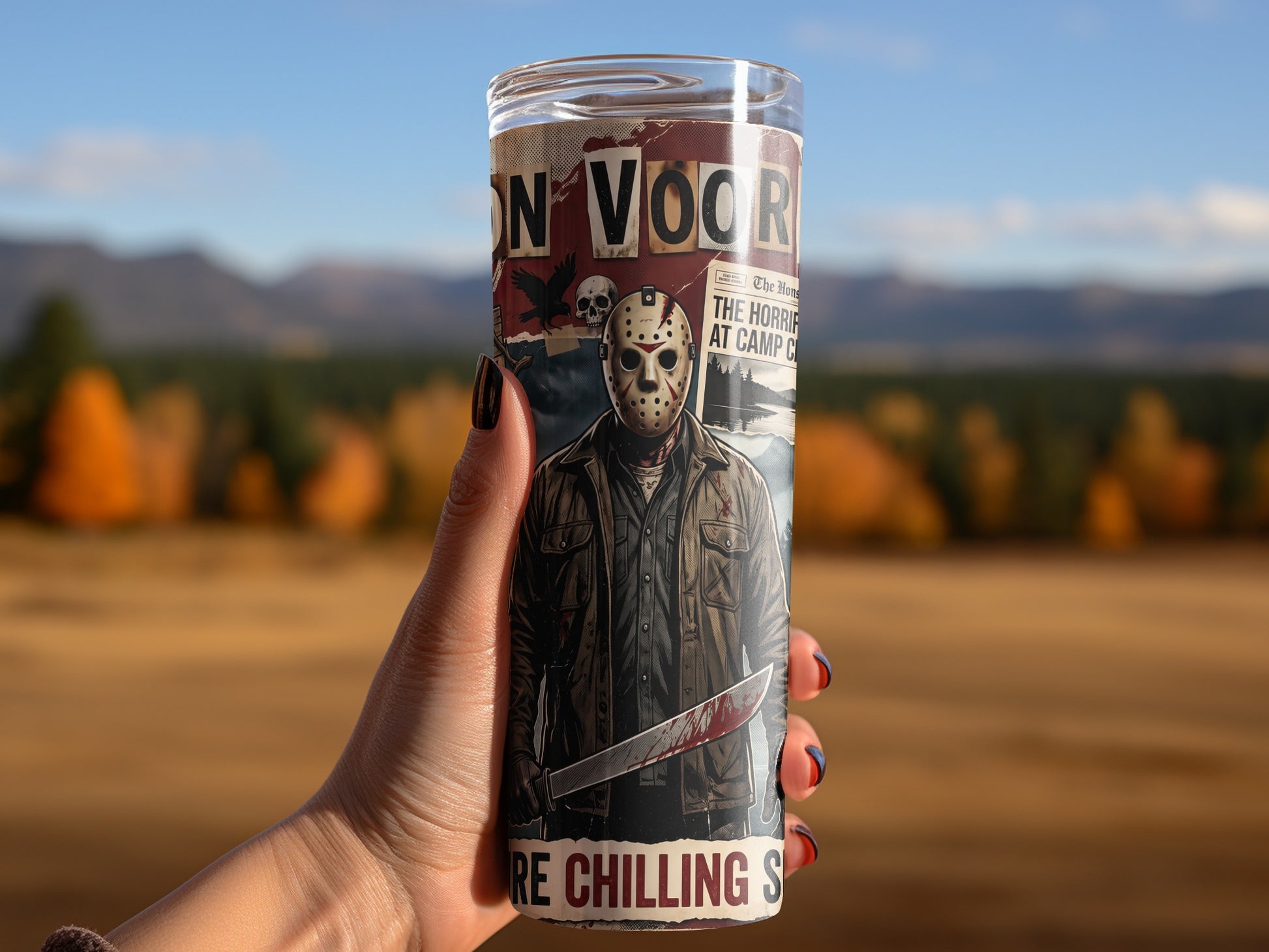 Tall tumbler with horror movie theme featuring Jason Voorhees and bloody knife.