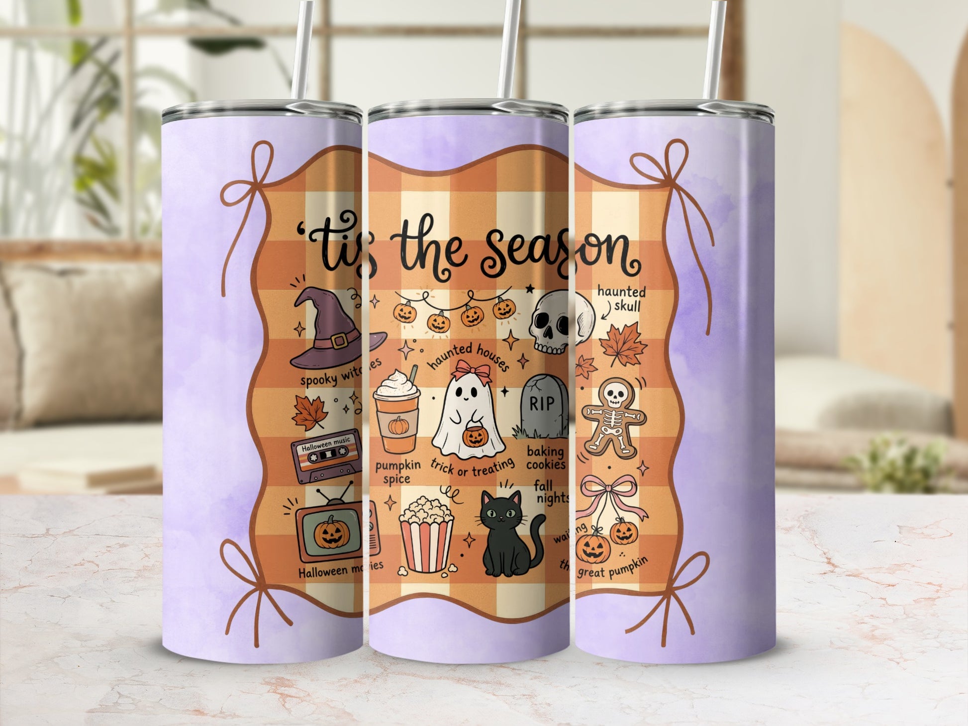 Tumbler with Halloween illustrations and text "'tis the season."