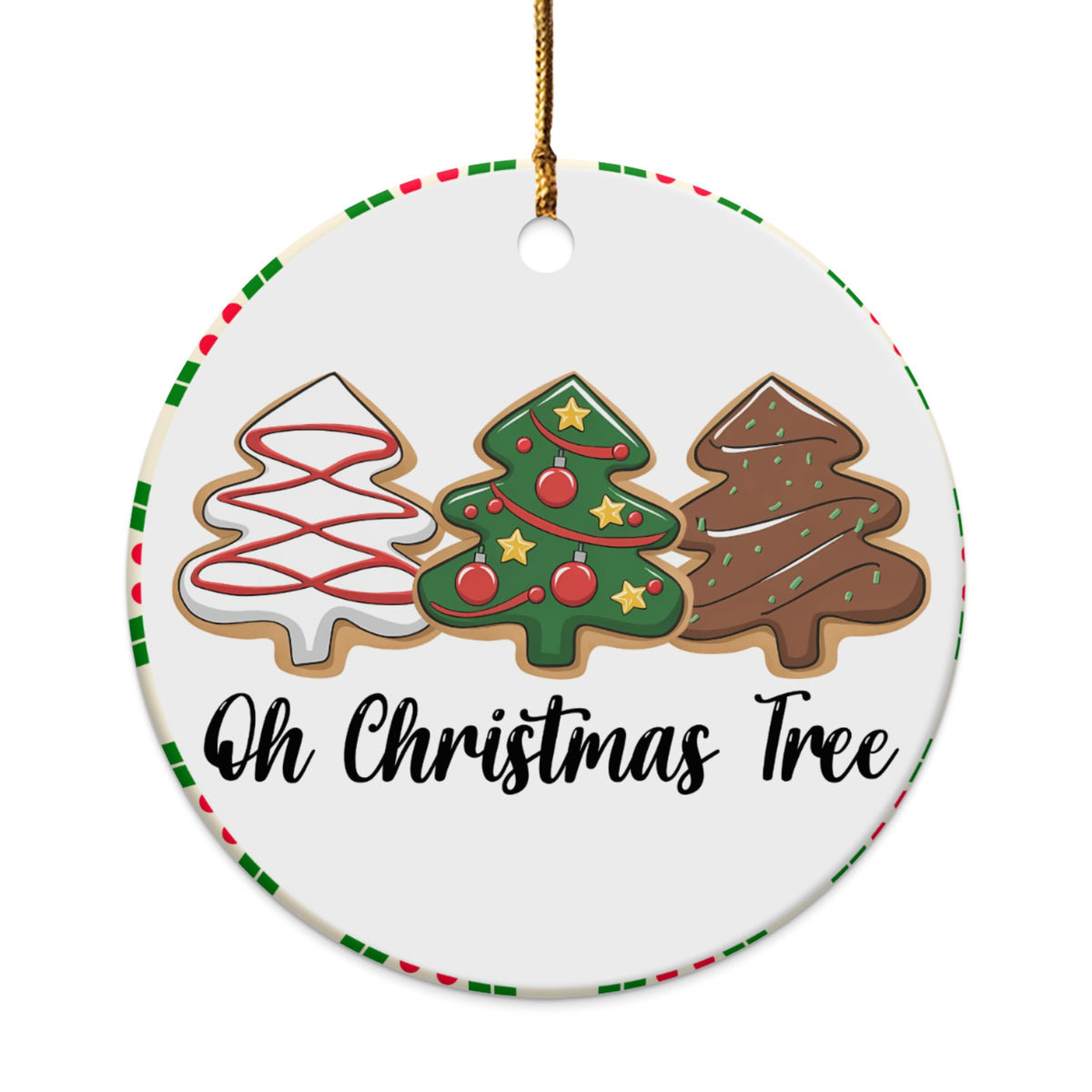 Ornament featuring three decorated Christmas tree cookies and text "Oh Christmas Tree".