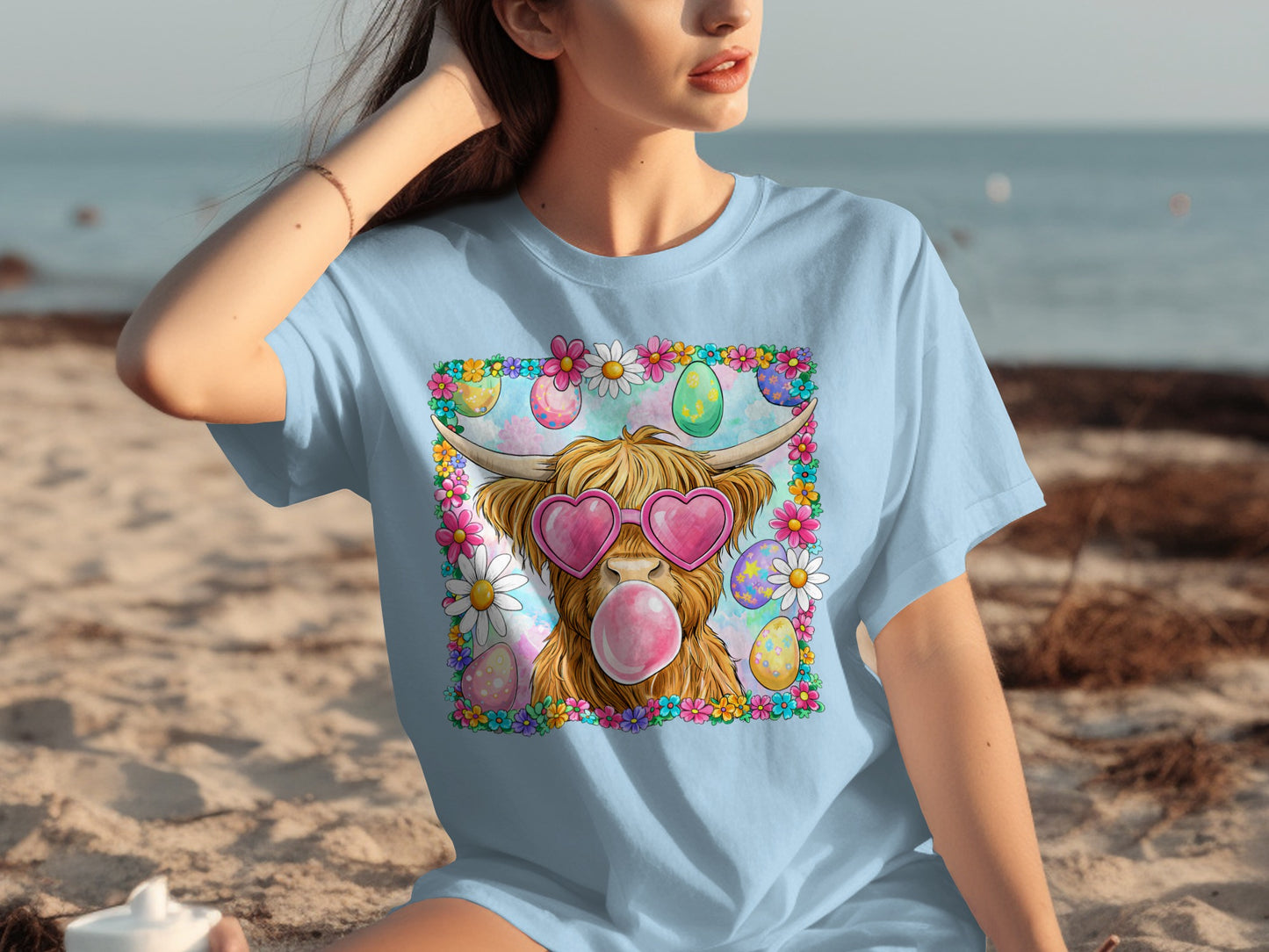 Colorful Graphic Cow and Flowers Easter T-shirt