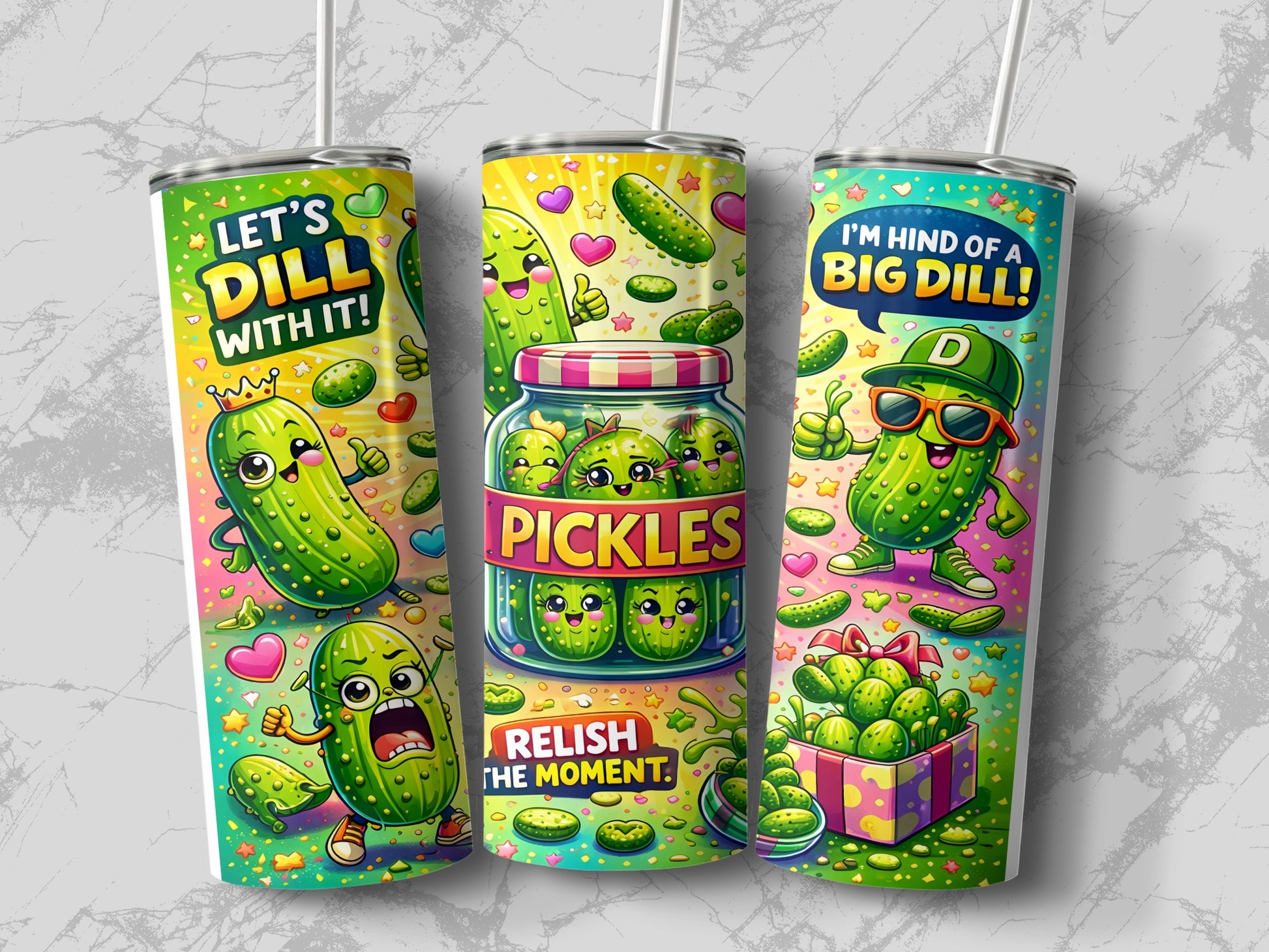 Three tumblers featuring cartoon pickles with text "Let's dill with it!" and "I'm kind of a big dill!".