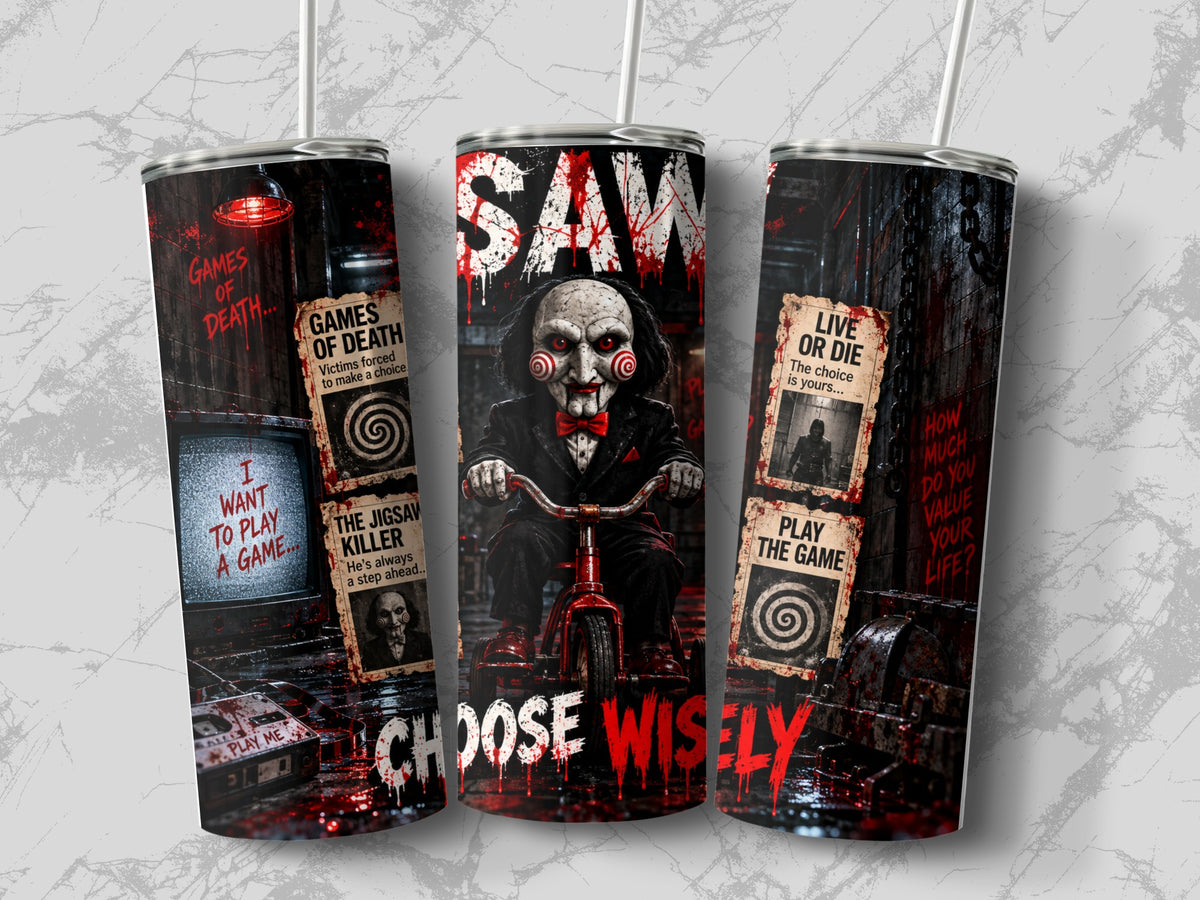 Three tumblers featuring a Saw movie design with Billy the Puppet on a tricycle, bloody text, and horror graphics.
