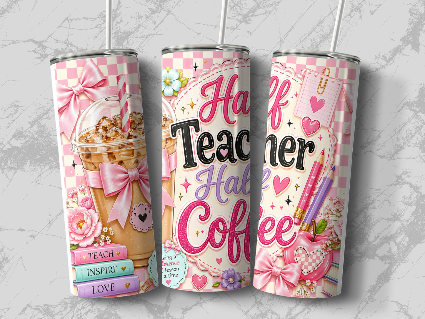 Three tumblers with pink checkered pattern, featuring "Half Teacher Half Coffee" text.